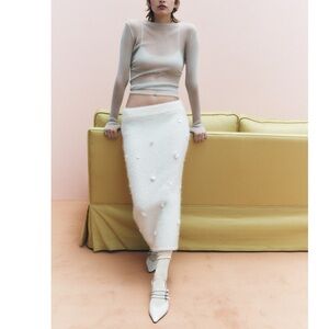 Zara Sequin embroidered Alpaca Blend Knit Pencil Midi Skirt Ecru white S NWT